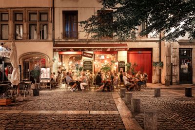 People and terraces in the old town of Lyon