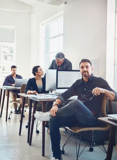 Portrait, teamwork and business man in office workplace...