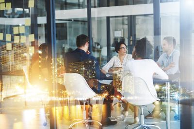 Business meeting, overlay and people in office for...