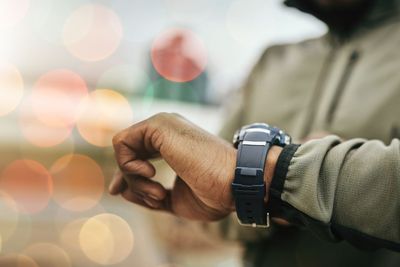 Hand, smart watch and monitor for fitness, training or...